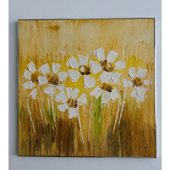 Vintage Original Large Oil Painting MCM Flowers Etta Cien Yellow White Canvas - Picture 1 of 10